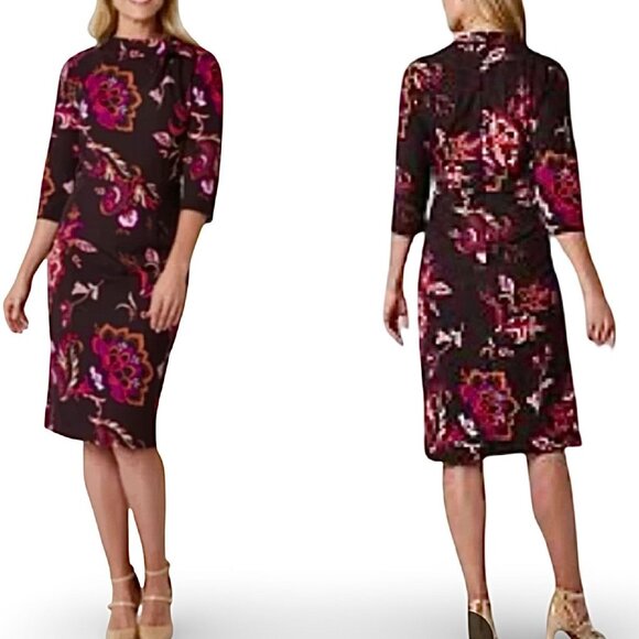 Liz Claiborne Dresses & Skirts - Liz Claiborne Floral Sheath Dress Womens 12 Paisley 3/4‎ Sleeves Tie Neck Midi